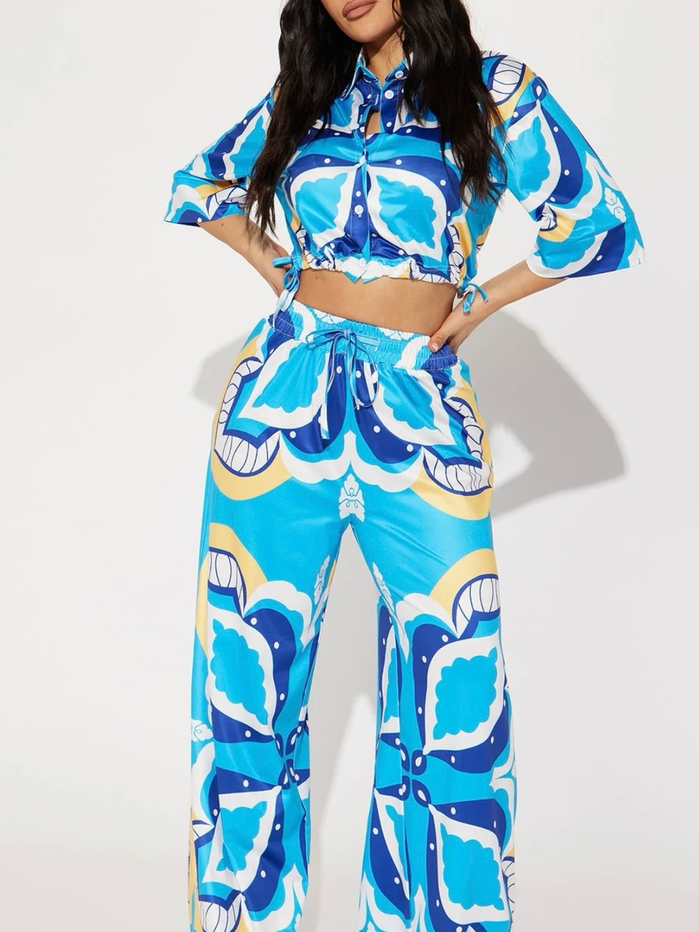 Fashion Nova Blue Multi Wide-Leg Drawstring Pants